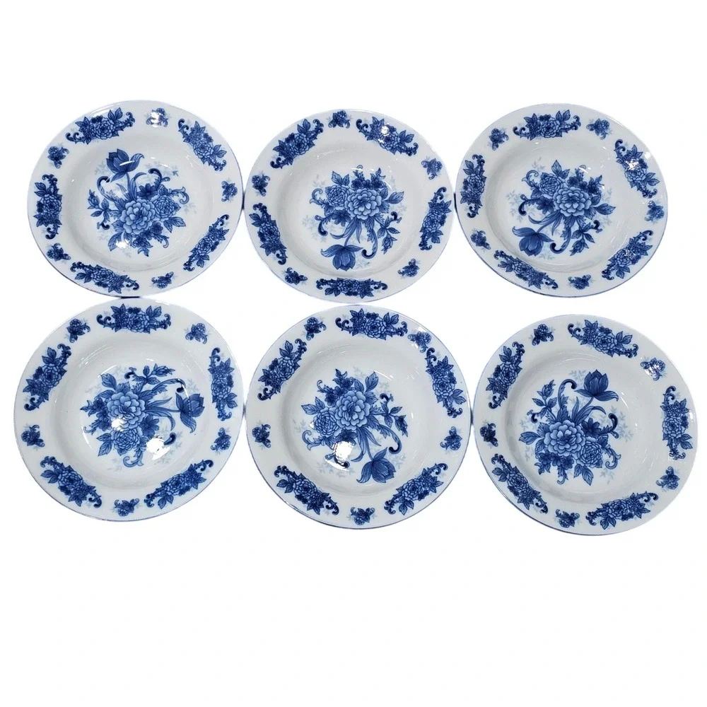 Cracker Barrel Cobalt Blue White Floral Soup Salad Bowls Set of 6 Porcelain 9 in
